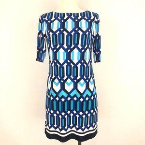 Eliza J Women's Size 4 Blue White Geometric Print Half Sleeve Sheath Dress Lined